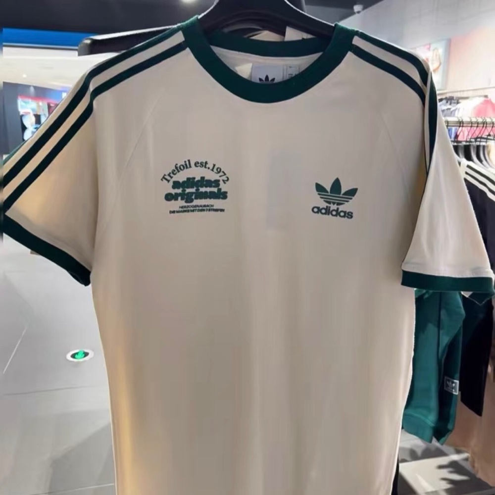 adidas White Tee with Green Trim and Trefoil Logo